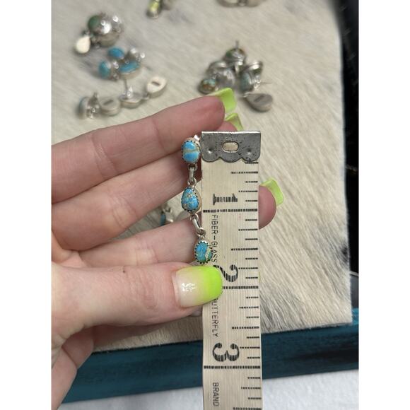 Native American Sterling Silver Blue Ridge Turquoise Triple Dangle Post Earrings - Picture 4 of 6